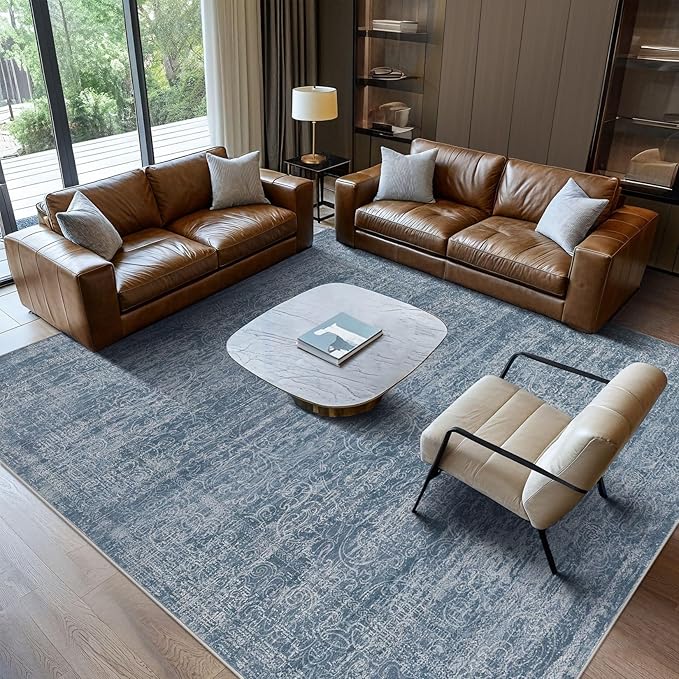 Area Rug Living Room Rugs - 10x14 Abstract Large Soft Indoor Washable Rug Neutral Modern Low Pile Carpet for Bedroom Dining Room Farmhouse Home Office - Dark Blue