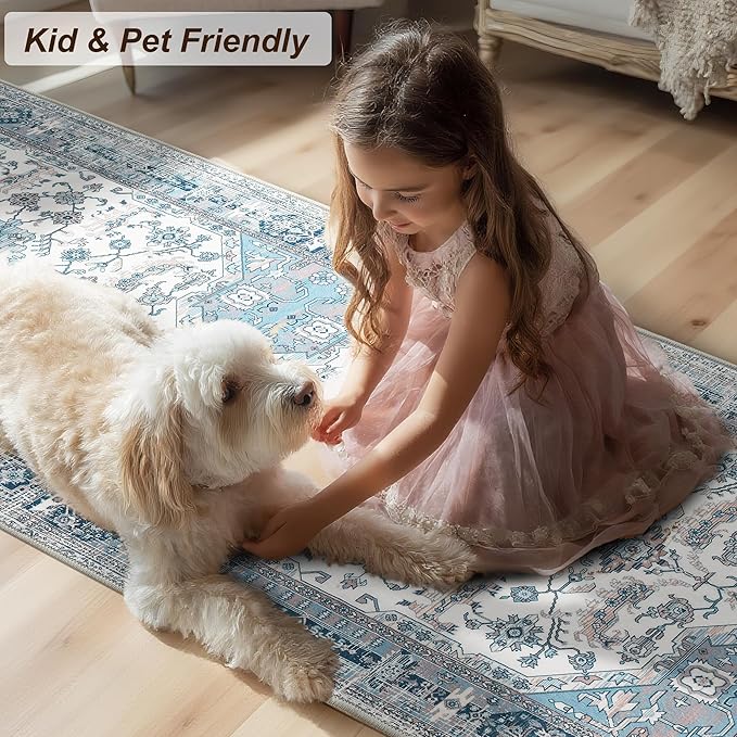 XWZO Entryway Area Rug 2x3ft — Soft Vintage Low Pile Door Floor Mat with Non Slip Backing for Bedroom Bathroom Kitchen Laundry, Spill Resistant Washable Small Indoor Carpet for Doorway Entrance, Blue