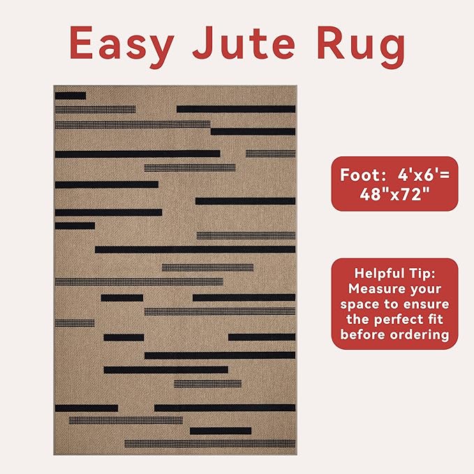 Tangsoo Washable Stripe Easy Jute Rug 4x6 for Paito,Non-Slip Indoor Outdoor Thin Carpet,Farmhouse Black Throw Mat for Front Porch Dining Room Bedroom Backyard Foyer