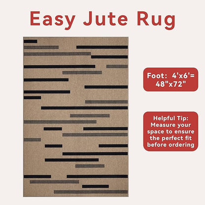 Tangsoo Washable Stripe Easy Jute Rug 4x6 for Paito,Non-Slip Indoor Outdoor Thin Carpet,Farmhouse Black Throw Mat for Front Porch Dining Room Bedroom Backyard Foyer
