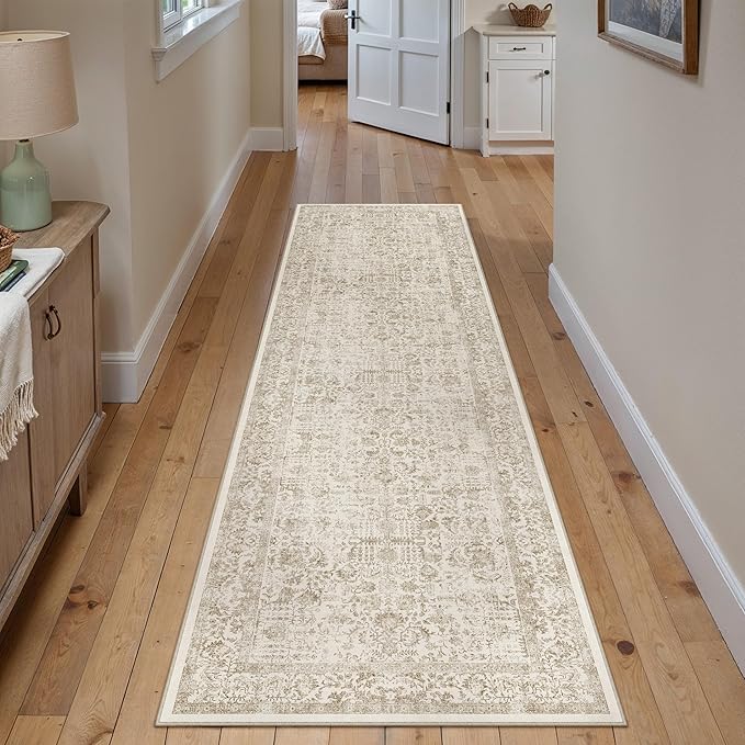 Light Brown Runner Rug 2x7 Hallway Machine Washable Kitchen Vintage Distressed Non Slip Long Carpet Indoor Retro Floral Bedroom Accent Throw Rug for Bathroom Office Laundry Dining Room