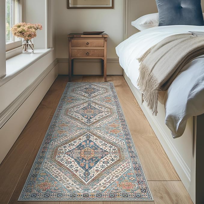 Bavni Kitchen Rug 2x7 Runner Rugs for Hallways Entryway, Washable Vintage Print Carpet, Ultra-Thin Chenille Low Pile Lightweight Rug with Non Slip Backing, Blue/Orange