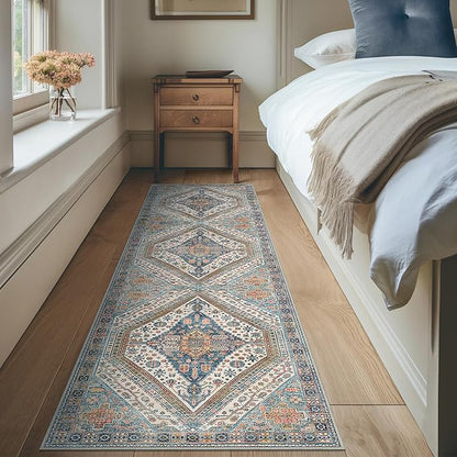 Bavni Kitchen Rug 2x7 Runner Rugs for Hallways Entryway, Washable Vintage Print Carpet, Ultra-Thin Chenille Low Pile Lightweight Rug with Non Slip Backing, Blue/Orange