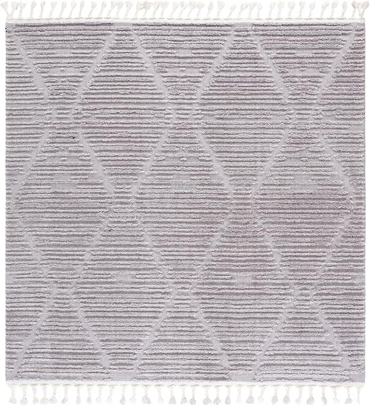 SAFAVIEH Marrakech Collection Area Rug - 8' Square, Grey, Moroccan Boho Tribal Tassel Design, Ideal for High Traffic Areas in Living Room, Bedroom, Dining (MRK517F-8SQ)
