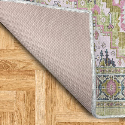 Ambesonne Ethnic Decorative Rug, Bohemian Retro Themed Floral Detail Cultural Abstract Shapes Flourish, Quality Carpet for Bedroom Dorm and Living Room, 4' X 5' 5", Pistachio Green Pink Teal