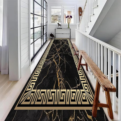 Black Gold Marble Texture Entryway Carpet, 4x10ft, Greek Key Geometric Design Bedroom Rug, Abstract Gold Crack Breathable Floor Rugs, No Crease Washable Carpets for Front Door