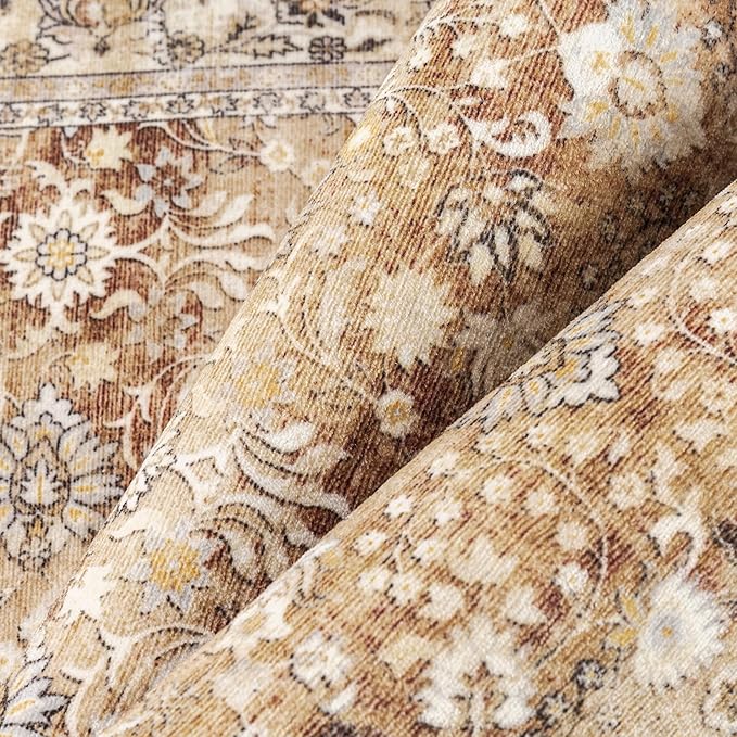 HUGEAR 4x6 Machine Washable Rugs Brown Beige Hallway Area Rug Indoor Accent Rug Floral Low Pile Carpet Soft Throw Rug Bedroom Living Room Office Dining Room Kitchen Laundry Room Non Slip