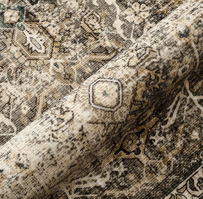 Brown Round Area Rug 8ft Washable 8x8 Circle Vintage Low Pile Indoor Large Kitchen Living Room Carpet Non Slip Traditional Distressed Retro Accent Throw Rug Office Dining Room
