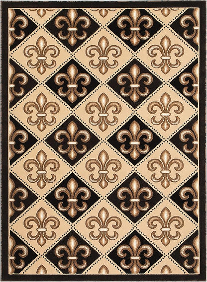Allstar 8x10 Black Modern Rectangular Accent Rug with Ivory and Mocha Floral Fleur De Lis Diamond Design (8' x 10')