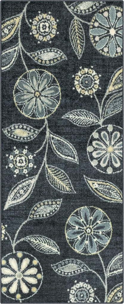 Maples Rugs Reggie Floral Runner Rug - Made in USA - Washable, Non Slip Indoor Carpet for Kitchen, Hallway, and Laundry Room, 2'6" x 6', Persian Blue