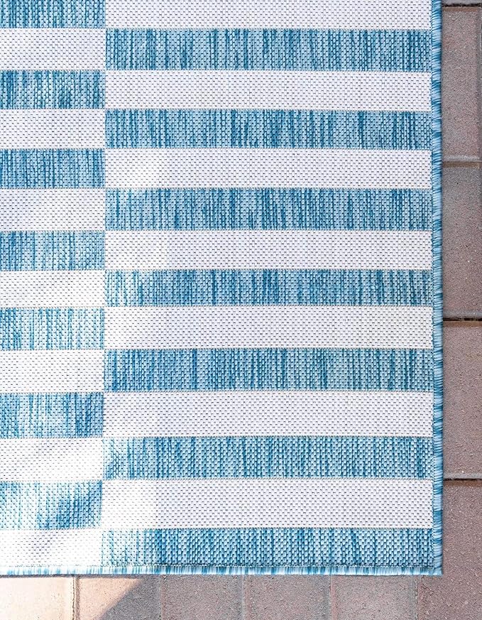 Unique Loom Outdoor Striped Collection Area Rug - Striped (6' 1" x 9' Rectangle, Light Aqua/Ivory)