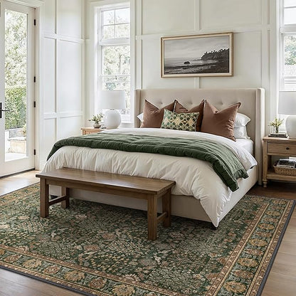 Bavni Washable Rugs 8x10-Machine Washable Rug Lightweight Low Pile, Vintage Floral Rug Non-Shedding Distressed Throw Carpet for Living Room Bedroom Office, Dark Green/Multi