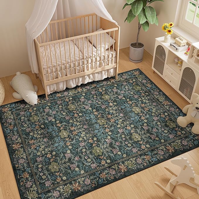 DUKINO 5x7 Area Rugs, Floral Washable Rugs for Bedroom with Non Slip Backing, Vintage Low Pile Indoor Floor Carpets for Bedroom, Living Room, Farmhouse, Home Office, Dining Room, Blue