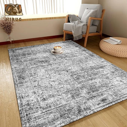 Washable Area Rug 4' x 6' Vintage Traditional Persian Mat - Foldable Distressed Non-Slip Machine Washable Carpet for Living Room Bedroom Kitchen Home Decor - Graphite and Mist