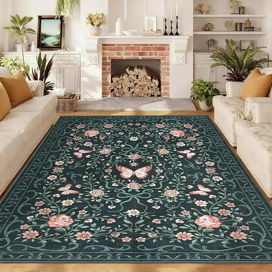 GarveeHome 8x10 Area Rugs for Living Room Washable Rugs Non Slip Stain Resistant Bedroom Floral Rugs Low Pile Soft Dining Room Throw Carpet Black Bow Large Carpet for Home Office Decor, 8x10