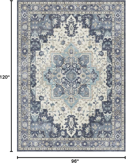 GENIMO 8x10 Area Rugs for Living Room, Machine Washable Non Slip Vintage Rugs, Low Pile Lightweight Chenille Print Rug for Bedroom, Dining Room, Home Office, Center Blue