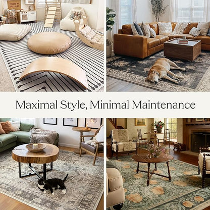 RUGGABLE Washable Vintage Area Rug – Kamran Coral 3x5, Stain-Resistant, Non-Slip – Small Machine Washable Rugs for Living Room, Bedroom, Hallway, Entryway & Office–with Cushioned Pad
