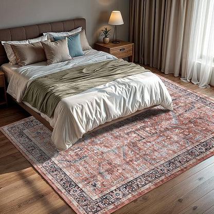 GLN Rugs Traditional Collection - Machine Washable Area Rug, Traditional Washable, Non Slip, Low Pile Chenille Rug, Living Room, Bedroom, Kitchen Rug (5' x 7' Terra/Multicolor 1168)