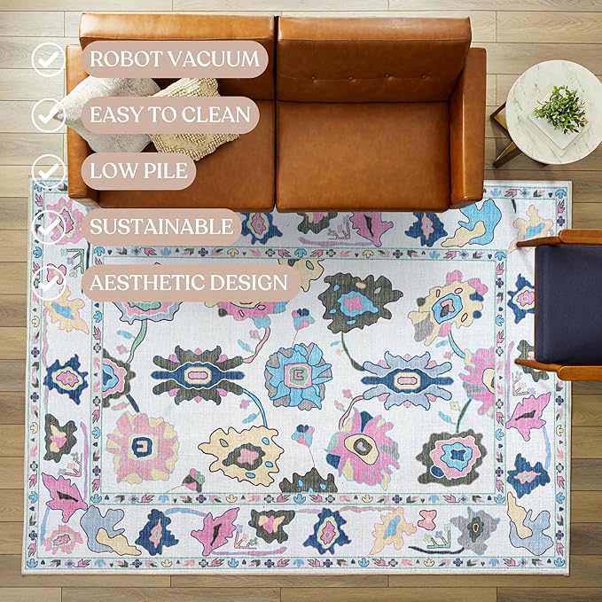Fame Living Colorful Oushak Rug, Modern, Vintage, Turkish, Eclectic, Floral, Pastel, Washable, Area Rugs for Living Room, Dining, Bedroom, Office, Entryway, Foyer, Playroom, Nursery, 5'x6'9"