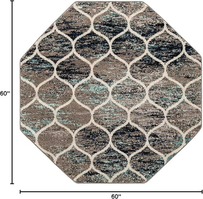 Rugs.com Lattice Frieze Collection Rug – 5' Octagon Blue Multi Medium Rug Perfect for Living Rooms, Kitchens, Entryways