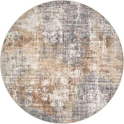 8ft Round Area Rug Living Room Rugs - 8x8 Washable Large Soft Indoor Neutral Modern Abstract Low Pile Rug Carpet for Bedroom Dining Room Farmhouse Home Office - Grey Brown