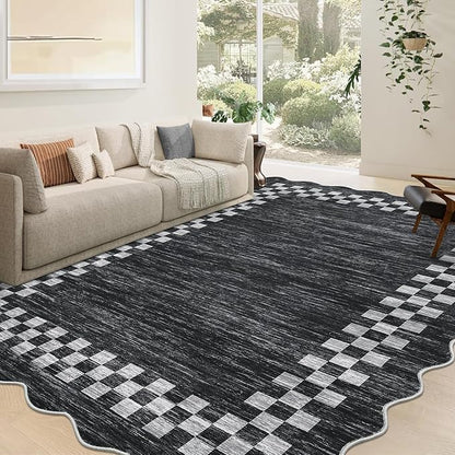 GarveeHome Washable Rug 5x7 for Living Room Large Bedroom Scalloped Rug Non Slip Stain Resistant Modern Border Throw Carpet Soft Boho Rug for Dining Room Nursery Home Office, Grey