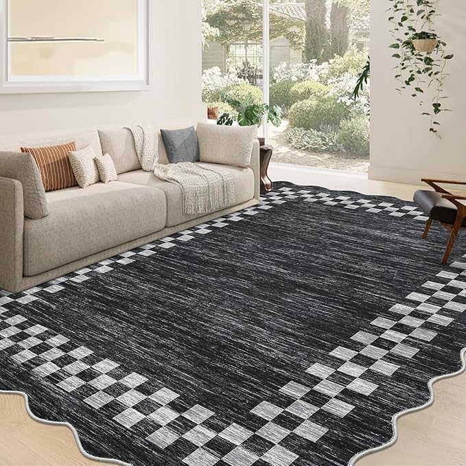 GarveeHome Scalloped Washable Rug 9x12 Area Rug for Living Room Modern Border Large Bedroom Throw Carpet with Rubber Backing Stain Resistant Boho Rug for Dining Room Home Decor Office, Grey