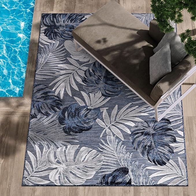 CAMILSON Indoor Outdoor Rug Navy Blue 4x6 Leaf Tropical Botanical Area Rugs for Indoor and Outdoor patios, Easy-Cleaning Non-Shedding Living Room Garden and Kitchen Washable Outside Carpet (4 x 6)