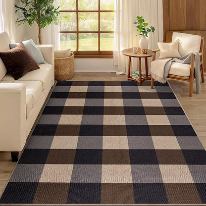 Tangsoo Checkered Easy Jute Rug,3x5 Washable Area Rug for Bedroom,Non-Slip Black Brown Indoor Outdoor Rug Modern Farmhouse Low Pile Carpet for Bedroom Patio Backyard Entryway