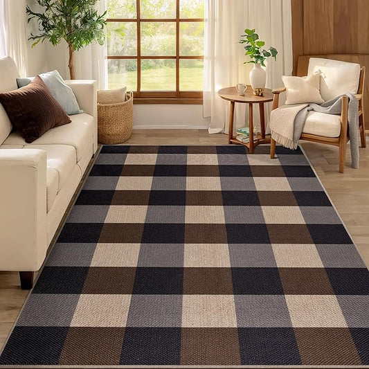 Tangsoo Checkered Easy Jute Rug,3x5 Washable Area Rug for Bedroom,Non-Slip Black Brown Indoor Outdoor Rug Modern Farmhouse Low Pile Carpet for Bedroom Patio Backyard Entryway