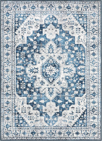 Moynesa Ultra-Thin Washable Area Rug - 5x7 Blue Rugs for Living Room Washable Rugs for Bedroom Soft Dining Room Mat, Vintage Printed Low Pile Indoor Carpet for Office Sunroom Playroom