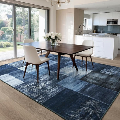 Tepook Modern Area Rug for Living Room, 5x7 Geometric Large Rugs for Bedroom, Washable Patchwork Rug Indoor Non-Slip Throw Carpets for Dining Room Office Farmhouse Home Decor, Blue