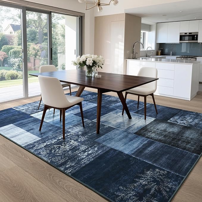 Tepook Modern Area Rug for Living Room, 4x6 Geometric Large Rugs for Bedroom, Washable Patchwork Rug Indoor Non-Slip Throw Carpets for Dining Room Office Farmhouse Home Decor, Blue