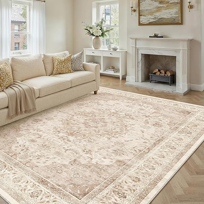 8x10 Beige Washable Vintage Area Rug for Living Room Bedroom Soft Tranditional Non Slip Large Throw Rug Lightweight Floral Low Pile Distressed Carpet Office Playroom Home Decor