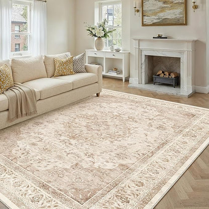 8x10 Beige Washable Vintage Area Rug for Living Room Bedroom Soft Tranditional Non Slip Large Throw Rug Lightweight Floral Low Pile Distressed Carpet Office Playroom Home Decor