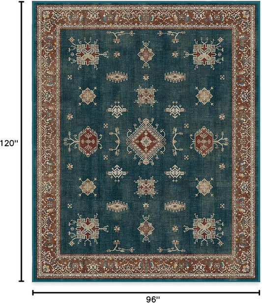 RUGGABLE Washable Vintage Area Rug – Verena Teal Blue 8x10, Stain-Resistant, Non-Slip – Large Machine Washable Rugs for Living Room, Bedroom, Hallway, Entryway & Office–with Standard Pad