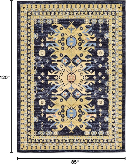 Unique Loom Taftan Collection Border Geometric Tribal Inspired Design Area Rug (7' 0 x 10' 0 Rectangular, Navy Blue/ Gold)