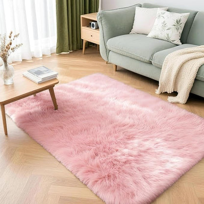 3x5 Solid Fluffy Pink Area Rug – Washable, Durable, Living Room Rug, Non-Slip High Pile Shag Rugs for Bedroom, Living Room, Bedside, Dorms, Nursery Rooms, Kids Room, Soft Indoor Floor Carpet