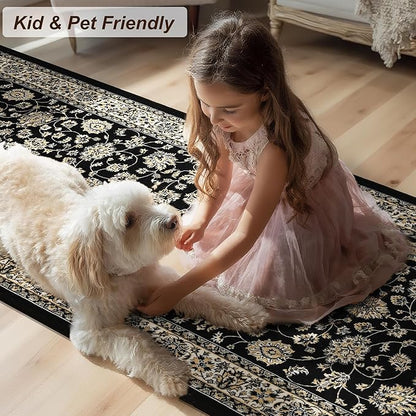 XWZO Washable Hallway Runner Rug 2x8ft — Non-Slip Low Pile Area Rug with Rubber Backing, Spill Resistant Soft Flower Floor Carpet Runner for Kitchen Entryway Doorway Bedroom Corridor, Black