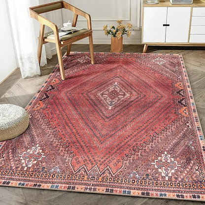 Bloom Rugs Washable Non-Slip 4' x 6' Rug - Red/Multicolor Traditional Bordered Area Rug for Living Room, Bedroom, Dining Room, and Kitchen - Exact Size: 4' x 6'
