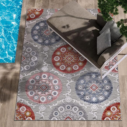 CAMILSON Indoor Outdoor Rug 10x14 Bohemian Medallion Floral Area Rugs for Indoor and Outdoor Patios Easy-Cleaning Non-Shedding Living Room Garden and Kitchen Washable Outside Carpet (10x14-Multicolor)