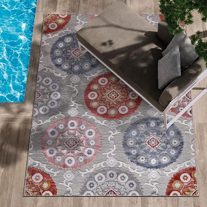 CAMILSON Indoor Outdoor Rug 6x9 Bohemian Medallion Floral Area Rugs for Indoor and Outdoor Patios Easy-Cleaning Non-Shedding Living Room Garden and Kitchen Washable Outside Carpet (6 x 9 / Multicolor)