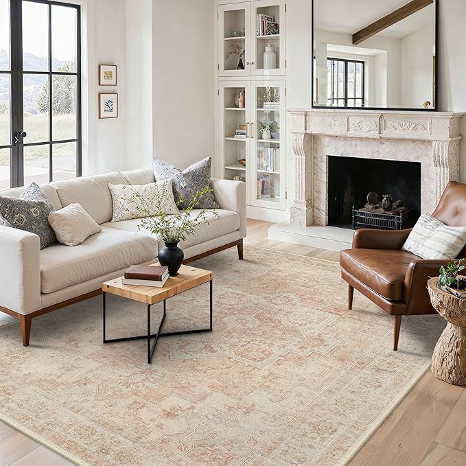 5x7 Area Rugs for Living Room, Machine Washable Rug, Non Slip Vintage Rugs, Low Pile Lightweight Print Rug for Bedroom, Dining Room, Home Office, Pink