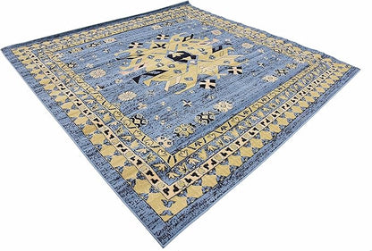Unique Loom Taftan Collection Border Geometric Tribal Inspired Design Area Rug, 8 ft, Light Blue/Gold