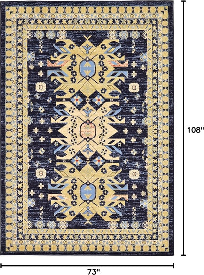 Unique Loom Taftan Collection Border Geometric Tribal Inspired Design Area Rug (6' 0 x 9' 0 Rectangular, Navy Blue/ Gold)