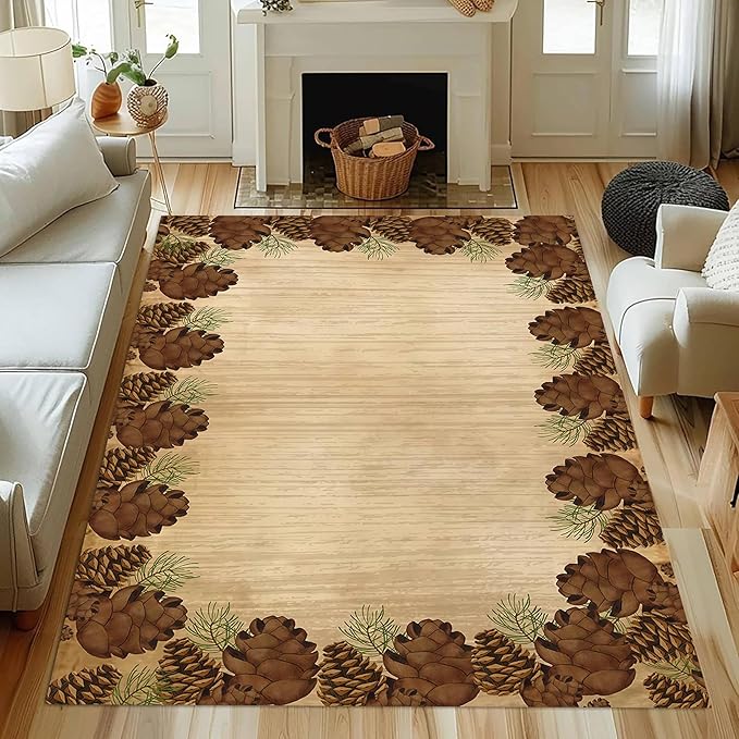 Rustic Lodge Brown Area Rug 5x7ft Pine Cone Leaf Botanical Print Home Decor Non Slip Washable Rug Pine Cones Area Rug Low Pile Thin Indoor Throw Carpet Rug for Laundry Dining Room Office