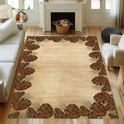 Rustic Lodge Brown Area Rug 5x8ft Pine Cone Leaf Botanical Print Home Decor Non Slip Washable Rug Pine Cones Area Rug Low Pile Thin Indoor Throw Carpet Rug for Laundry Dining Room Office