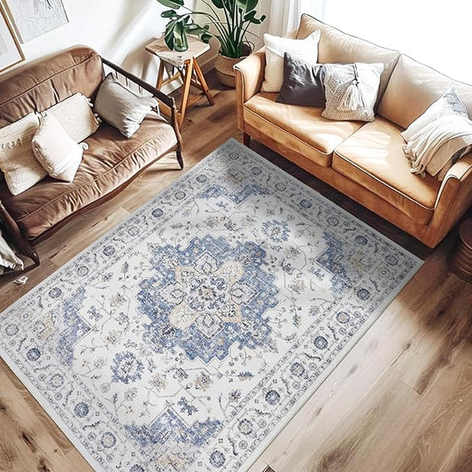 jinchan Area Rug 3x5 Vintage Washable Entryway Rug Floral Medallion Floor Cover Lightweight Non Slip Thin Retro Classic Soft Boho Farmhouse Carpet for Living Room Bedroom Dining Room Kitchen Blue