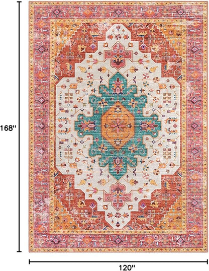 Moynesa Ultra-Thin Washable 10x14 Area Rugs for Bedroom, Pink Large Living Room Rug Non Slip, Medallion Oriental Indoor Floor Carpet for Dining Room Table Dorm Home Office Decor