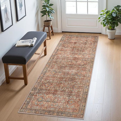 2x6 Runner Rug Machine Washable Boho Runners for Hallway,Ultra-Thin Low Pile Rug,Lightweight Indoor Carpet,Non Slip Floral Runners for Enrtyway, Corridor, Home Office, Kitchen,Terracotta/Indigo